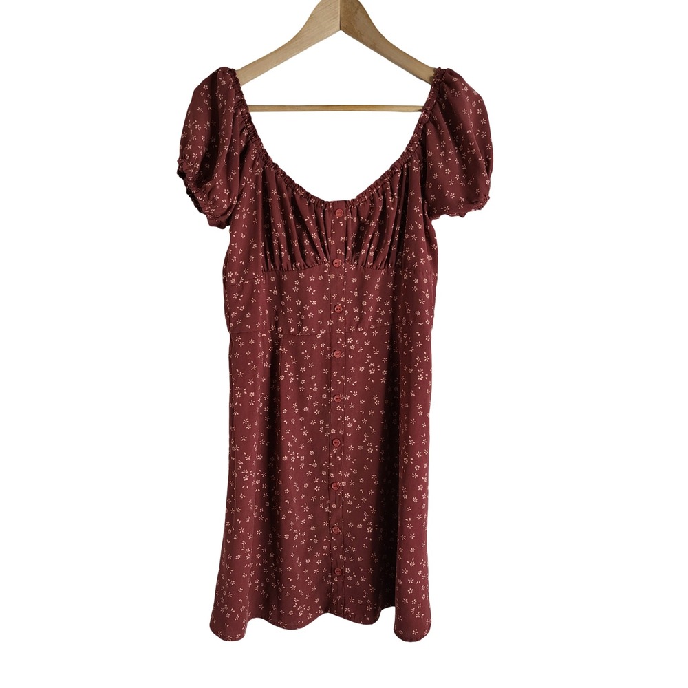 Trixxi Burgundy Floral Milkmaid Mini Dress Puff Sleeve Button Front M Coquette